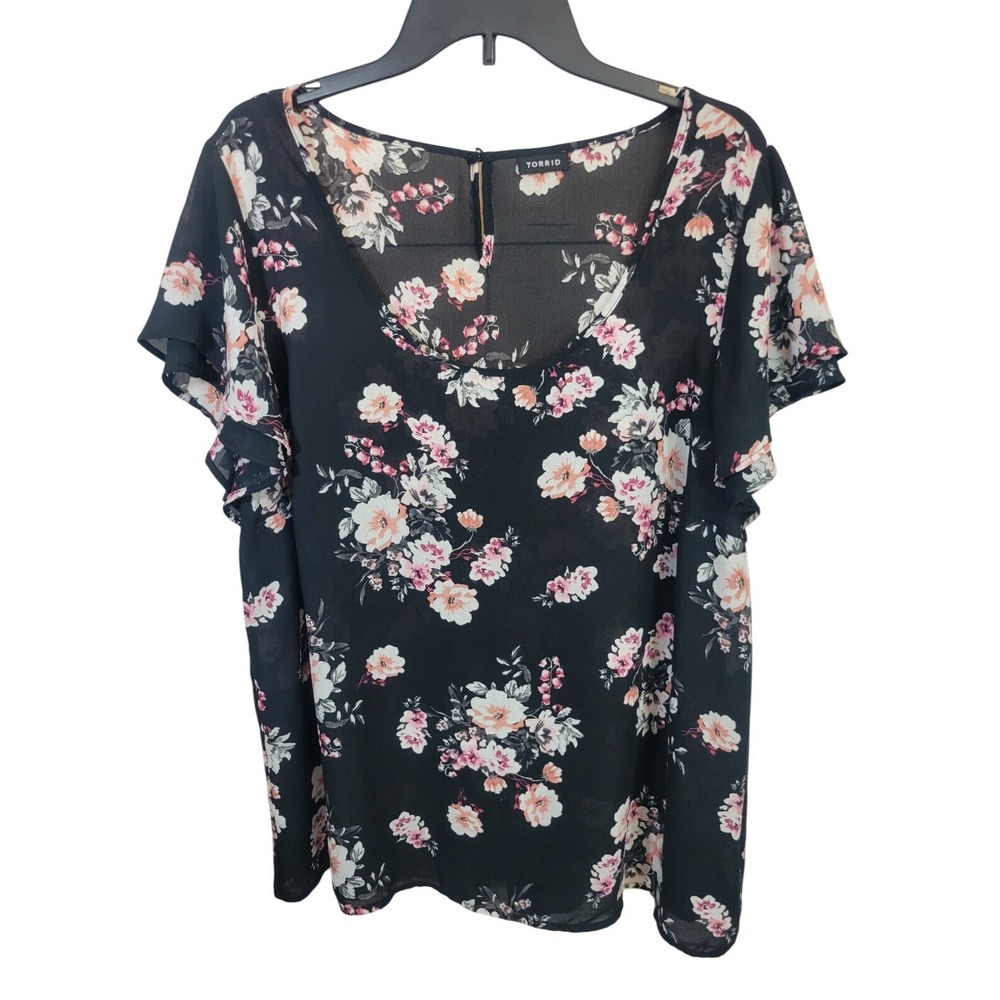 Torrid Blouse Floral Chiffon Flutter Sleeve Boho Chic Black Pink Plus Size 1-2X